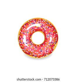 Pink sweet sugar glazed donut. Isolated vector icon of a donut with hole on white background. Round donut dessert illustration.