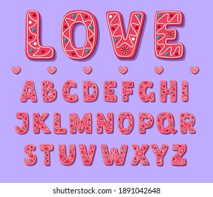 Pink sweet Valentine font. Cute cookies Alphabet. Friendly and lovely font in cartoon style. Vector illustration.