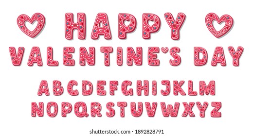 Pink sweet Valentine font. Cute cookies Alphabet. Love letters ABC in cartoon style. Sweets for girls. Vector illustration