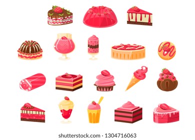 Pink sweets and desserts big set, cupcakes, ice cream, cakes with strawberry flavor vector illustration