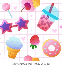 Pink sweets girly pattern. Seamless vector print with cute  summer desserts and drink.