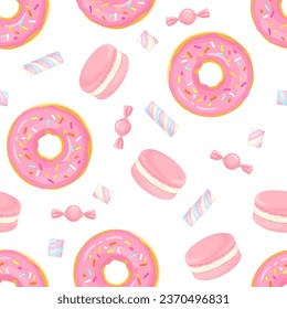 Pink sweets seamless pattern. Vector cartoon illustration of donut, candy, macaroon and marshmallow. Sweet food background