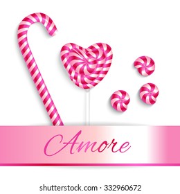 Pink sweets.  Set striped candies on a white background. Candy in the shape of a circle, heart, stick. Amore.The template for the postcards letters and advertising sweets.