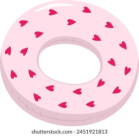 Pink swimming circle with red hearts Cartoon summer elements, travel, beach, summertime accessory. Cocktails, ice cream and exotic fruits vector illustration set. Palm and serfing board. Umbrella and