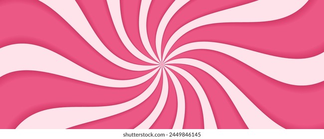 Pink swirl candy background. Sweet strawberry ice cream pattern. Spiral sunburst wallpaper. Cartoon marshmallow and lollipop texture. Radial striped vortex for psychedelic groovy design. Vector