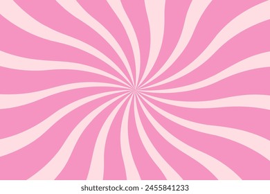 Pink swirl candy background. Sweet strawberry ice cream pattern. Spiral sunburst wallpaper. Cartoon marshmallow and lollipop texture. Radial striped vortex for psychedelic groovy design. Vector 