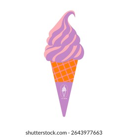 Pink Swirl Strawberry Cone in a Waffle. summer concept vector illustration.