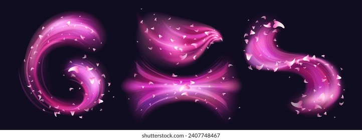 Pink swirls with flower petals isolated on black background. Vector realistic illustration of neon light waves with sakura blossom, perfume aroma trail, magic romantic power effect, love in air