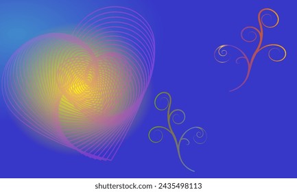 A pink swirly love like stairs or lanterns with lights expresses you enlighten me through love and beside are some colorful swirly plants as decorations for the light and deep blue background