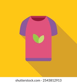 Pink t shirt with green leaves logo, symbolizing environmental awareness