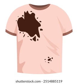 Pink t shirt showing a large brown stain after being worn by a messy person, isolated on white