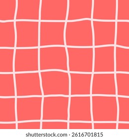 Pink tablecloth pattern. White, wobbly, hand drawn parallel lines crossing on 90 degrees angle. Square pattern, freform.