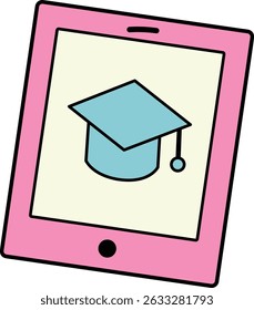 Pink tablet with a graduation cap icon on the screen