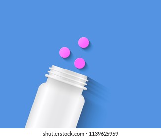Pink tablets with white pill bottle on light purple background