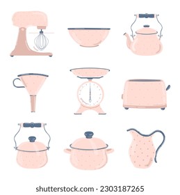 Pink tableware and cookware set. Mixer, bowl, pot, kettle, funnel, weights, toaster, cauldron. Polka dot pattern on the ceramic.
