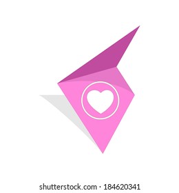 the pink tag with white heart pictogram / the tag with heart icon / The stylish tag with heart symbol