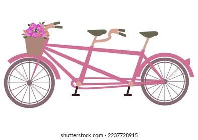 Pink tandem bike with basket and flowers