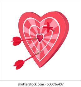 pink target for darts in the form of heart, with several darts thrust in it. One of darts has hit the mark.
