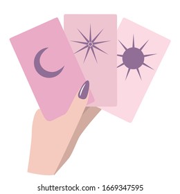 Pink tarot cards in hand vector hand drawn flat graphic isolated on white background. Purple moon, sun and star mysterious images