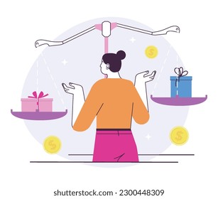 Concepto de impuesto rosa. Discriminación de precios basada en el género. Mayor precio de los productos comercializados para mujeres. Coste desigual por los mismos bienes. Ilustración vectorial plana