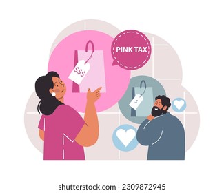 Pink tax concept. Gender based price discrimination. Higher price for products marketed for women. Unequal accounting. Flat vector illustration