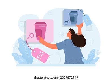 Pink tax concept. Gender based price discrimination. Higher price for products marketed for women. Unequal accounting. Flat vector illustration