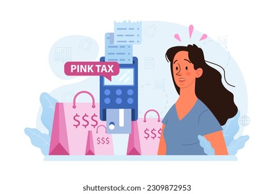 Pink tax concept. Gender based price discrimination. Higher price for products marketed for women. Unequal accounting. Flat vector illustration