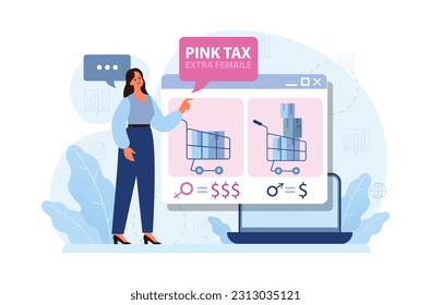 Concepto de impuesto rosa. Discriminación de precios basada en el género. Mayor precio de los productos comercializados para mujeres. Contabilidad desigual. Ilustración vectorial plana