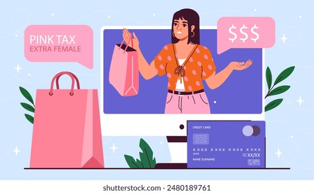 Pink tax concept. Gender based economic discrimination. Woman with expensive bag. Shopaholic with trendy and fashionable item. Cartoon flat vector illustration isolated on white background
