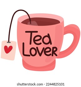 Pink tea cup with a lettering of the phrase "Tea lover". Hand draw vector illustration.