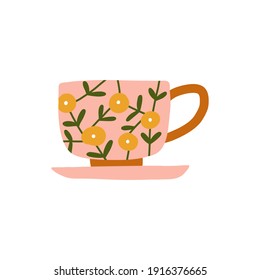 Pink Tea cup or mug with spring flower illustration