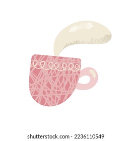 Pink tea cup vector illustration. Crockery with handle for drink.