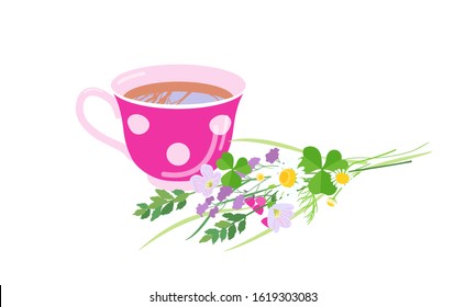 Pink tea cup and wildflowers bunch isolated on white background. Simple polka dot teacup and wild meadow plants vector flat illustration.