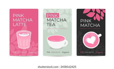 Pink tea matcha powder packaging design concept. Set of vector illustrations of healthy natural beverage, сup and glass of drink matcha latte. Dragon fruit pure organic powder. Pack mockup, ad, poster