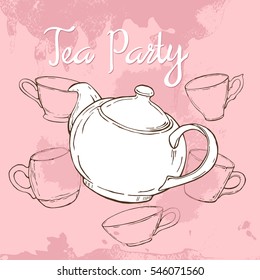 Pink tea party poster with hand drawn teapot and cups. Vector illustration