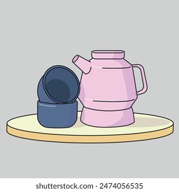 Una olla de té rosa con dos tazas azules en una ilustración de tabla