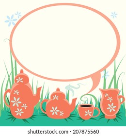 Pink tea set on the invitation card with comic bubble. Cup, tea pot, kettle and milk  saucer served on a grass. Vector illustration.