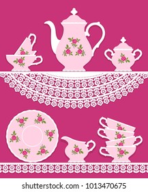 Pink tea set with roses decorations on lace tablecloths