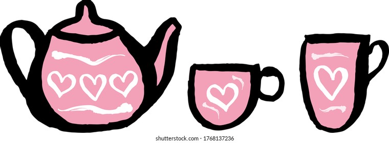 Pink tea set vector illustration