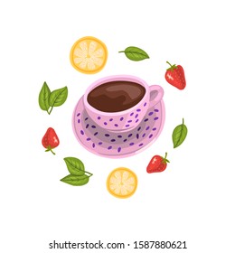 Pink teacup surrounded by lemon slices, strawberries and leaves. Vector stock illustration in cartoon style. Modern design element for logo, label, café, poster. Isolated on white.