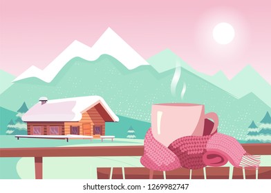 Pink Teacup tied with magenta scarf on table isolated on background of mountain view. Warm and cozy winter. Cafe in ski resort overlooking chalets and mountain peaks, slopes. Flat cartoon illustration