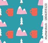 Pink teal aqua blue and red seamless repeat hand drawn camping outdoors pattern with coffee mugs mountains and tress.