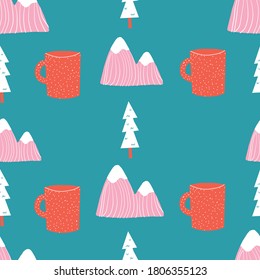 Pink teal aqua blue and red seamless repeat hand drawn camping outdoors pattern with coffee mugs mountains and tress.
