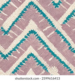 Pink and teal chevron pattern, embroidered on fabric. grunge lines ikat pattern, striped seamless pattern, Vector illustration background for print the paper.