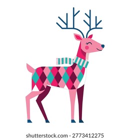 Pink and Teal Geometric Stylized Deer with Antlers