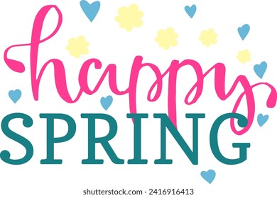 Pink and teal Happy Spring lettering with hearts and flowers. Seasonal greeting, joyful message vector illustration.