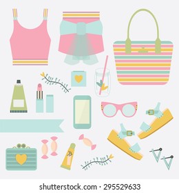 Pink and teal ladies summer fashion clothing and accessories on white background