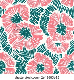 Pink and teal poppy flowers, bold strokes,  Woodblock print seamless pattern, seamless repeating vector pattern, design and pattern for textile print. Vector illustration.