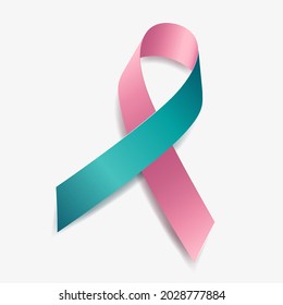 Pink and teal ribbon awareness BRCA1 (Breast Cancer), Ovarian and Breast Cancer (Combined). Isolated on white background. Vector  illustration.