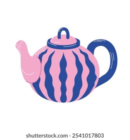 Pink teapot with blue wavy stripes in flat style. Perfect for kitchen decor, tea lovers and modern interior theme. Isolated on a white background.